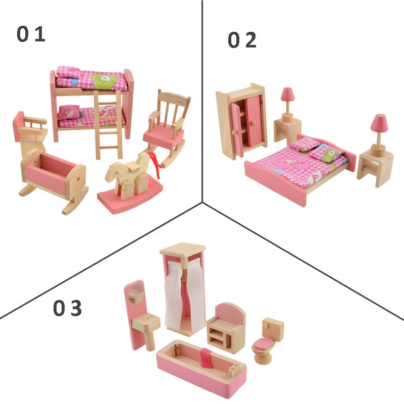 Pink Bathroom Furniture Bunk Bed House Furniture for Dolls Wood Miniature Furniture Wooden Toys