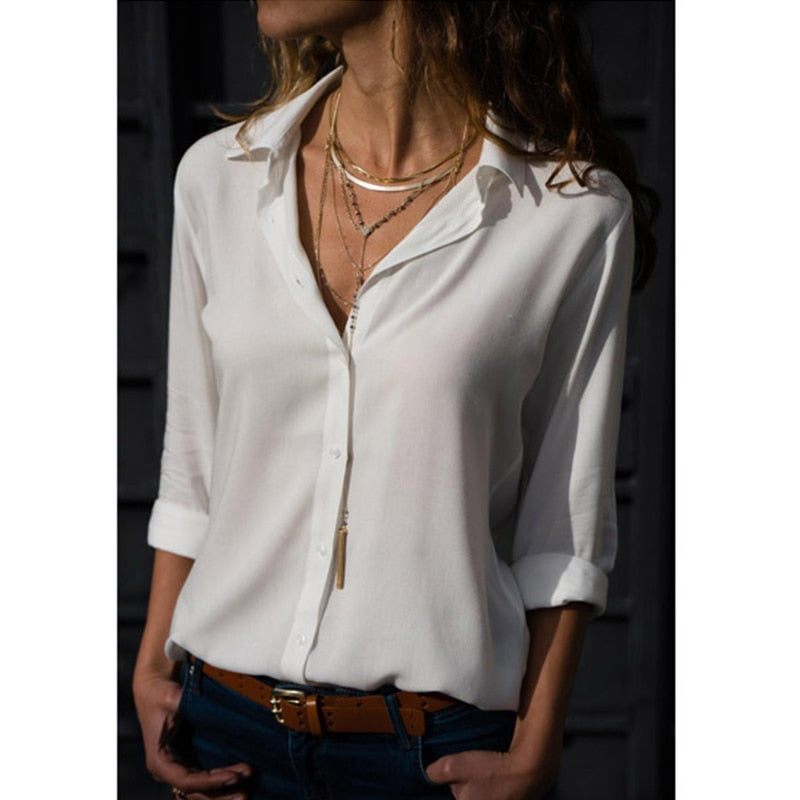 Spring Summer Elegant Long Sleeve Solid V-Neck Chiffon Blouse