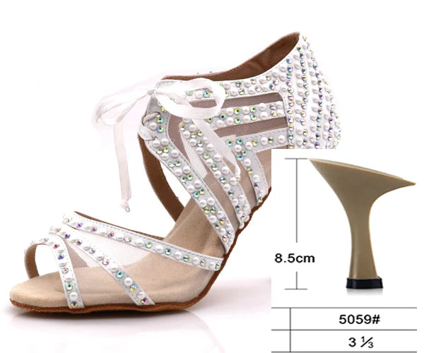 WUXIJIAO Brand Latin dance pearl decoration shoes soft bottom shoes salsa ballroom women lace high heel dance shoes Cuban heels