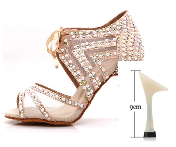 WUXIJIAO Brand Latin dance pearl decoration shoes soft bottom shoes salsa ballroom women lace high heel dance shoes Cuban heels