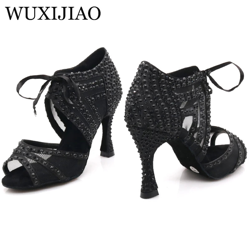 WUXIJIAO Brand Latin dance pearl decoration shoes soft bottom shoes salsa ballroom women lace high heel dance shoes Cuban heels