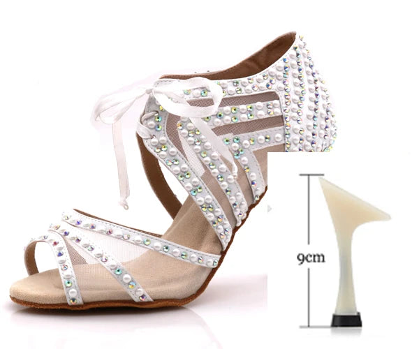 WUXIJIAO Brand Latin dance pearl decoration shoes soft bottom shoes salsa ballroom women lace high heel dance shoes Cuban heels