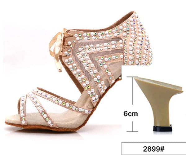 WUXIJIAO Brand Latin dance pearl decoration shoes soft bottom shoes salsa ballroom women lace high heel dance shoes Cuban heels