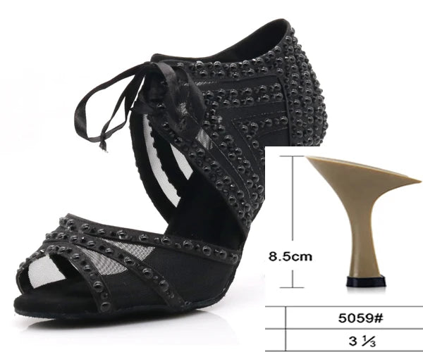WUXIJIAO Brand Latin dance pearl decoration shoes soft bottom shoes salsa ballroom women lace high heel dance shoes Cuban heels