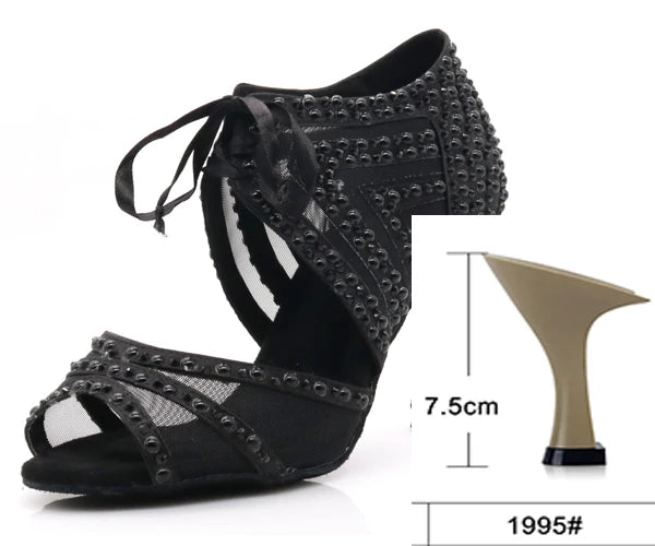 WUXIJIAO Brand Latin dance pearl decoration shoes soft bottom shoes salsa ballroom women lace high heel dance shoes Cuban heels