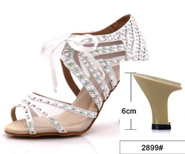 WUXIJIAO Brand Latin dance pearl decoration shoes soft bottom shoes salsa ballroom women lace high heel dance shoes Cuban heels
