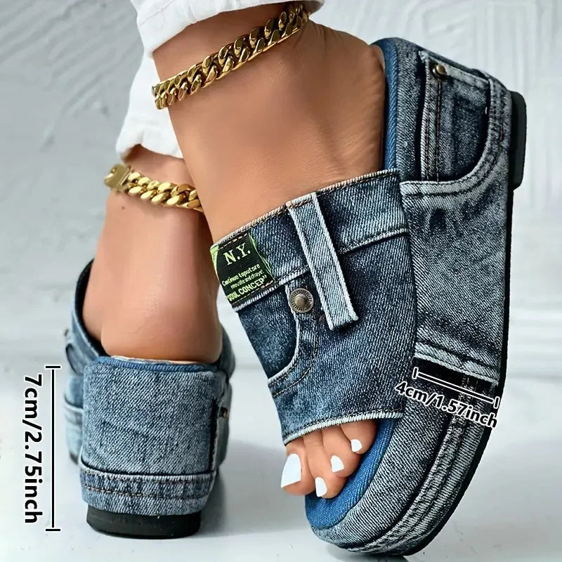 Platform Women Slippers New Summer Elegant Denim Sandals Comfortable Slip on Shoes Beach Walking Slippers Casual Slides Women