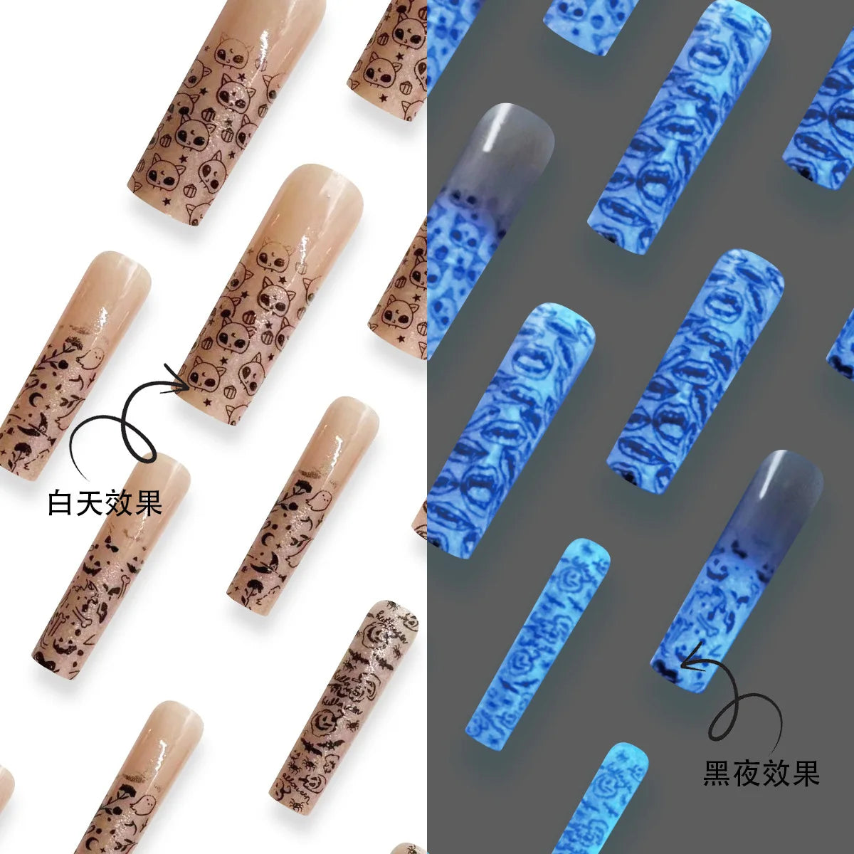 24pcs Glow In the Dark Fake Nails Extra Long Ballet False Nails Full Cover Wearable European Scary Halloween Press On Nails
