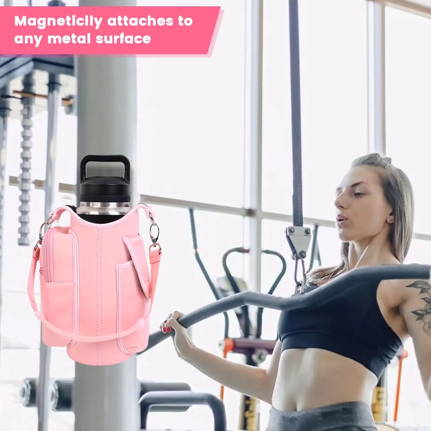 Magnetic Gym Bag Water Bottle Carrier Holder with Adjustable Shoulder Strap, 40oz Magnets Magnetic Gym Bag Bottle Pouch Sling
