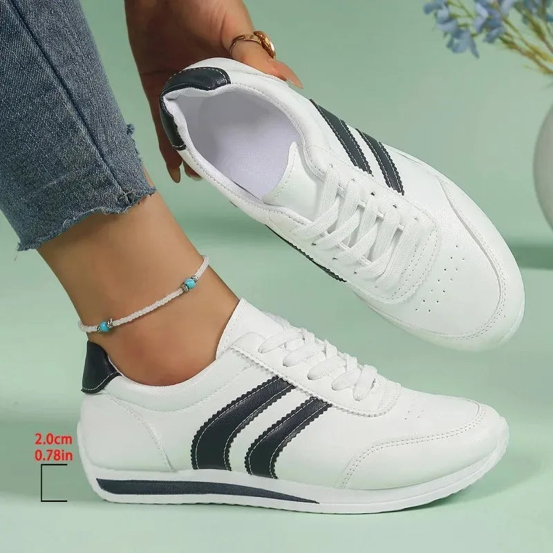 Ladies' lace up casual sports shoes with soft sole running shoes, blue stripe design, comfortable, non slip, lace up casual spor