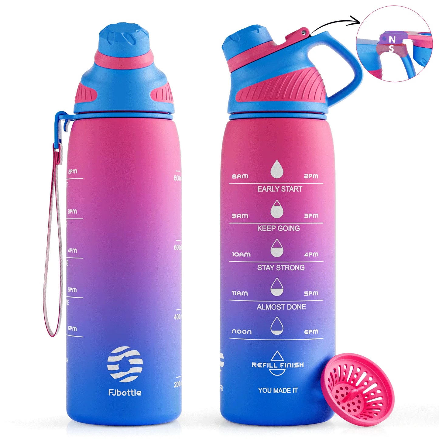 Fjbottle Plastic Water Bottle with Magnetic Lid, Leakproof Sports Water Bottle with Carry Strap BPA-FREE 1000ml