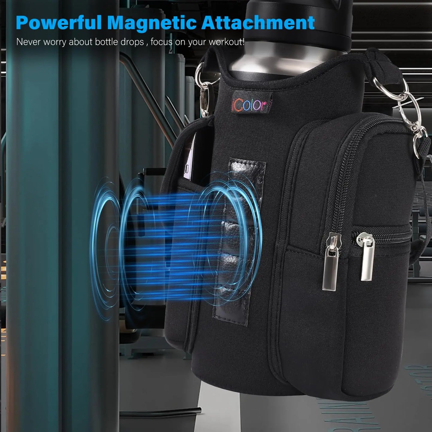 Magnetic Gym Bag Water Bottle Carrier Holder with Phone Pockets & Shoulder Strap,5 Built-in Magnets Gym Bottle Pouch Sleeve