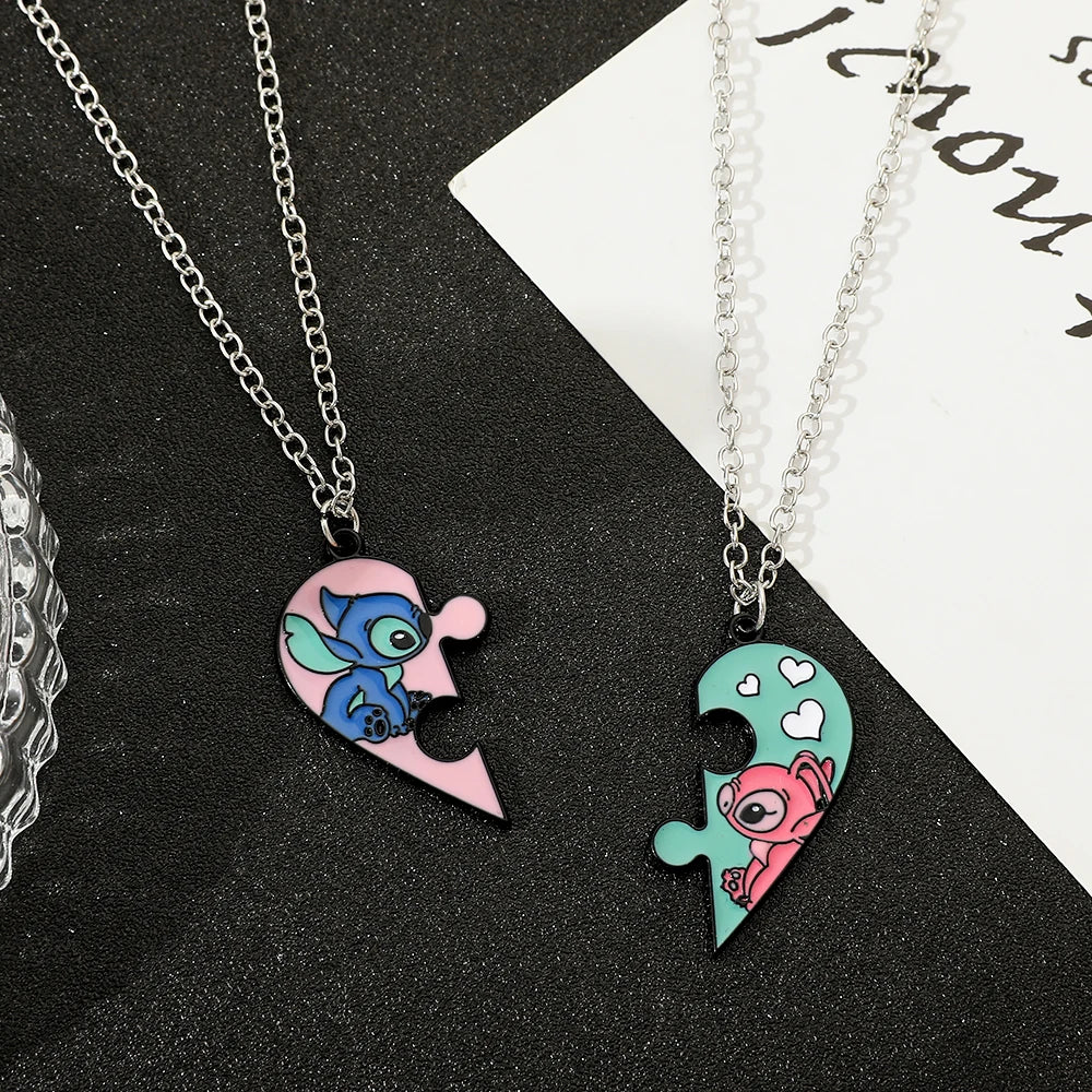 1pair Fashion Creative Disney Cartoon Stitch and Angie Heart Pendant Necklace for Women Jewellery