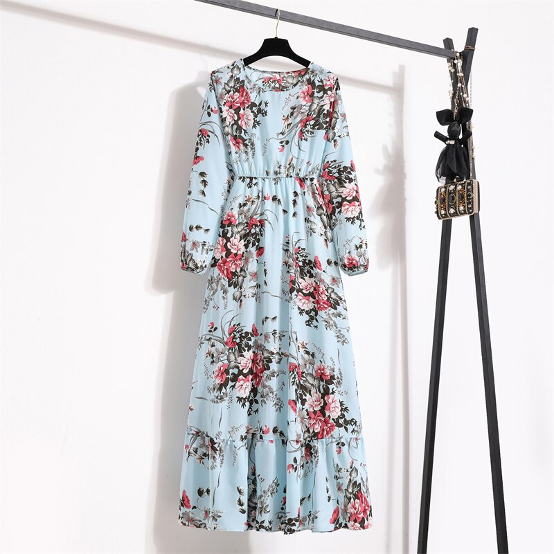 Spring Summer Women Maxi Dresses Casual Full Sleeve Floral Printed O-neck