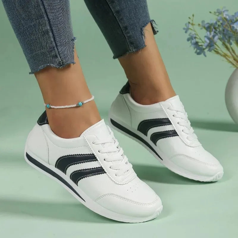 Ladies' lace up casual sports shoes with soft sole running shoes, blue stripe design, comfortable, non slip, lace up casual spor