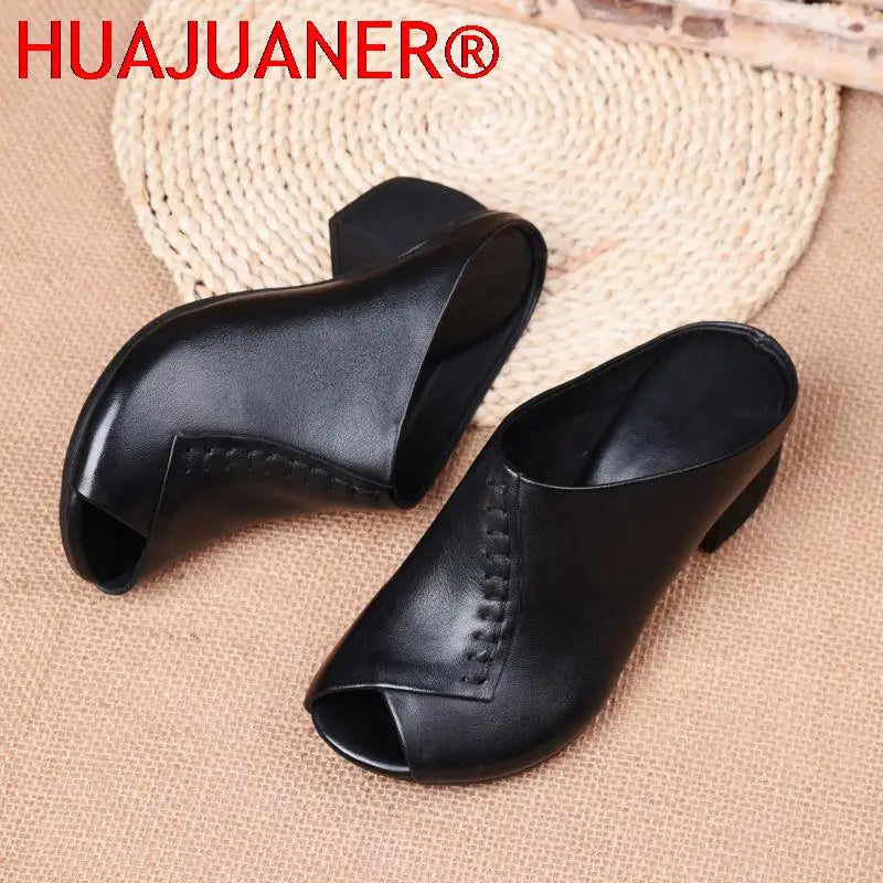 Women Thick-heeled Soft Leather Outer Slippers Fish Mouth Comfortable Versatile Mid-heeled Women Sandals Women's Mother's Shoes