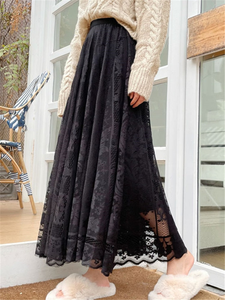 Women's Lace Crochet Umbrella Long Skirts Bohemian High Waist Hollow Out Female Maxi Skirts Spring Summer