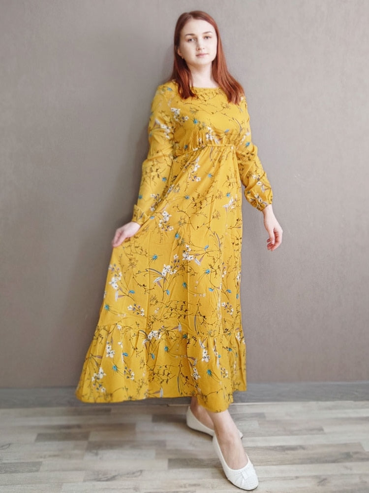 Spring Summer Women Maxi Dresses Casual Full Sleeve Floral Printed O-neck