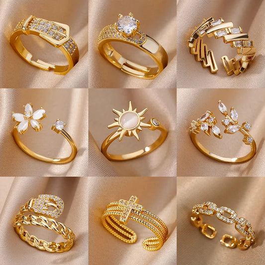 Luxury Zircon Geometric Rings For Women Stainless Steel Gold Color Open Ring Trendy Wedding Party Aesthetic Jewerly Gift Femme