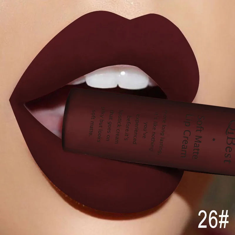 QIBEST Matte Liquid Lipstick Waterproof Lasting Velvet Lip Gloss Tint Tube Nude Pigment Red Black Purple Orange Lipstick Makeup