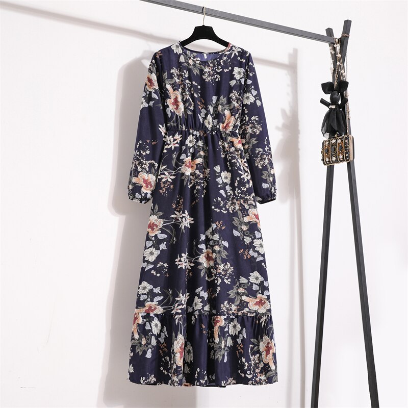 Spring Summer Women Maxi Dresses Casual Full Sleeve Floral Printed O-neck