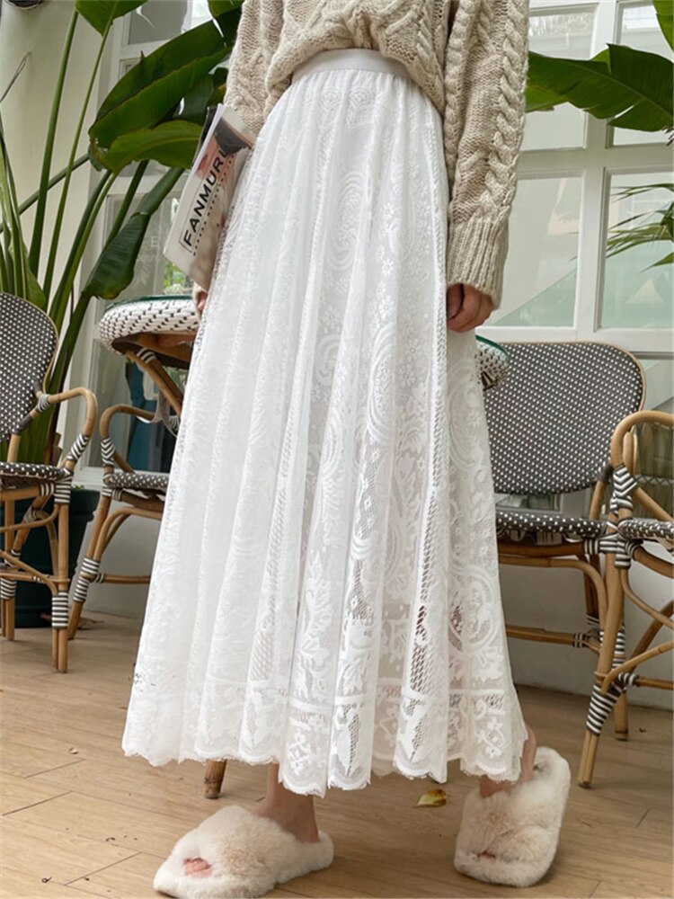 Women's Lace Crochet Umbrella Long Skirts Bohemian High Waist Hollow Out Female Maxi Skirts Spring Summer