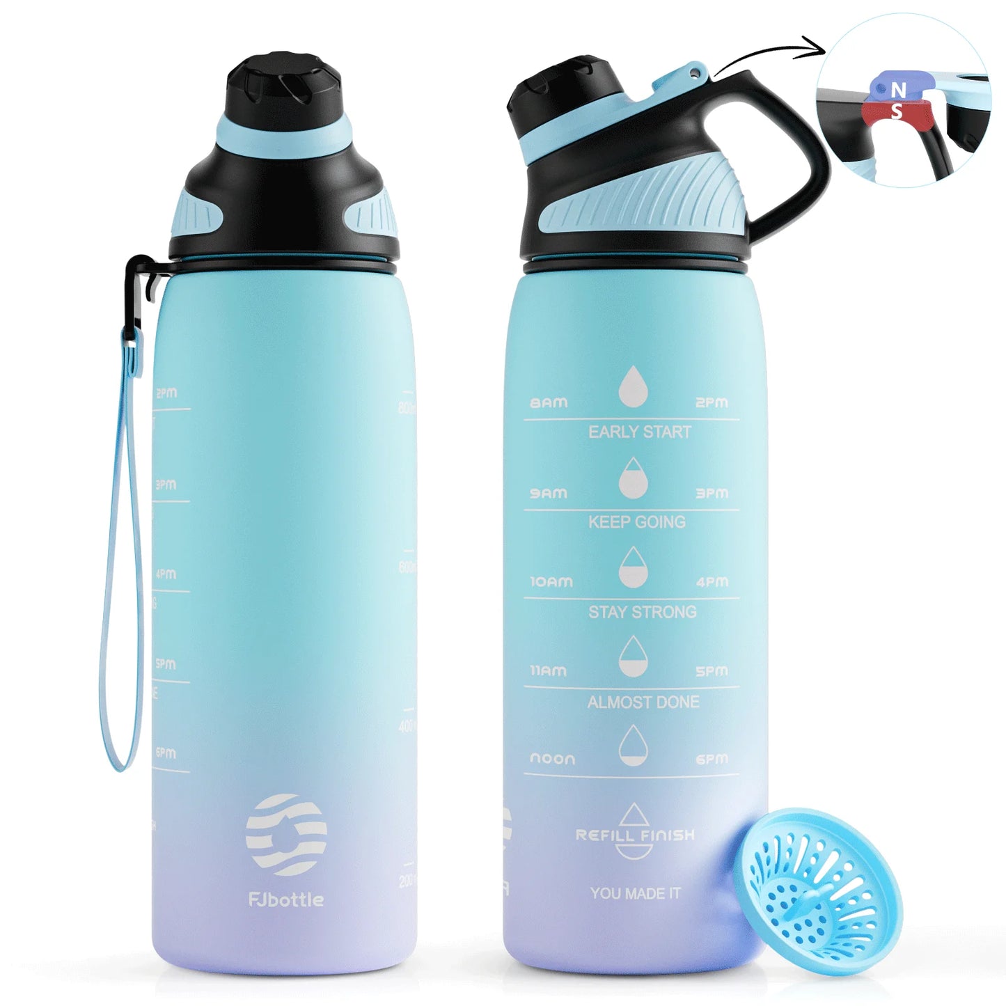 Fjbottle Plastic Water Bottle with Magnetic Lid, Leakproof Sports Water Bottle with Carry Strap BPA-FREE 1000ml