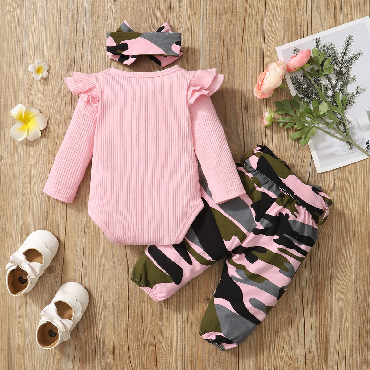 0-18 Months Infant Girl Long Sleeve Bodysuit + Camouflage Pants + Headband Cotton Clothing Suit