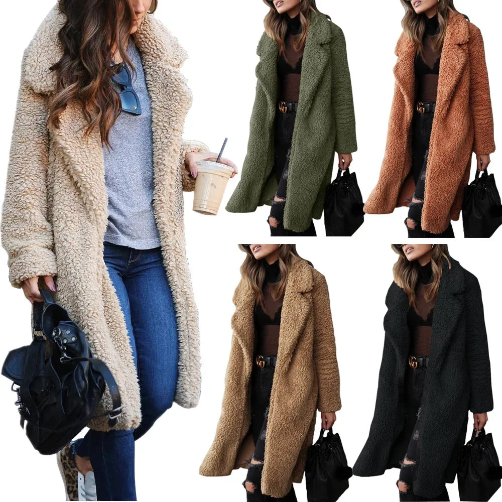 Popular autumn and winter long sleeved lapel women's plush top long jacket women's autumn and winter medium long plush jacket