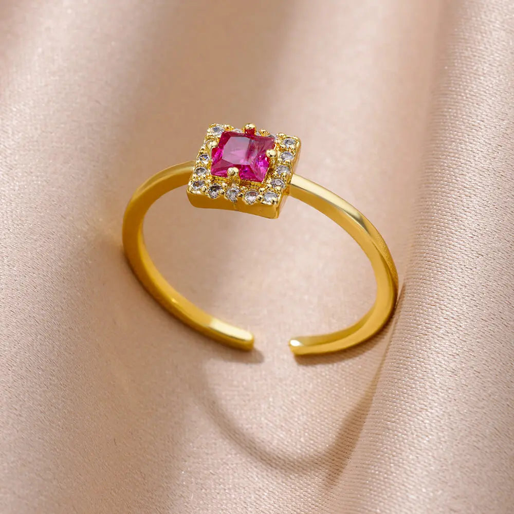 Gold Color Stainless Steel Ring for Women Colorful Cubic Zircon Heart Opening Adjustable Ring Fashion Jewelry Wedding Gift