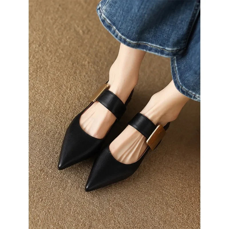 New 2023 Spring Women Nature Suede High Thick Heels SmallHut Black Apricot Square Toe Pumps Elegant Lady Metal Decoration Shoes