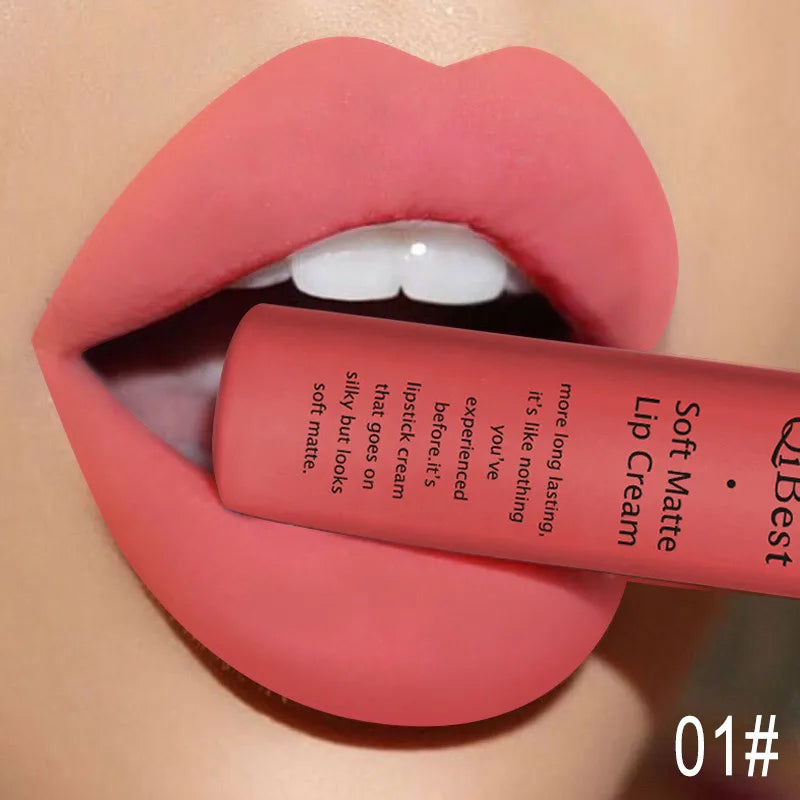 QIBEST Matte Liquid Lipstick Waterproof Lasting Velvet Lip Gloss Tint Tube Nude Pigment Red Black Purple Orange Lipstick Makeup