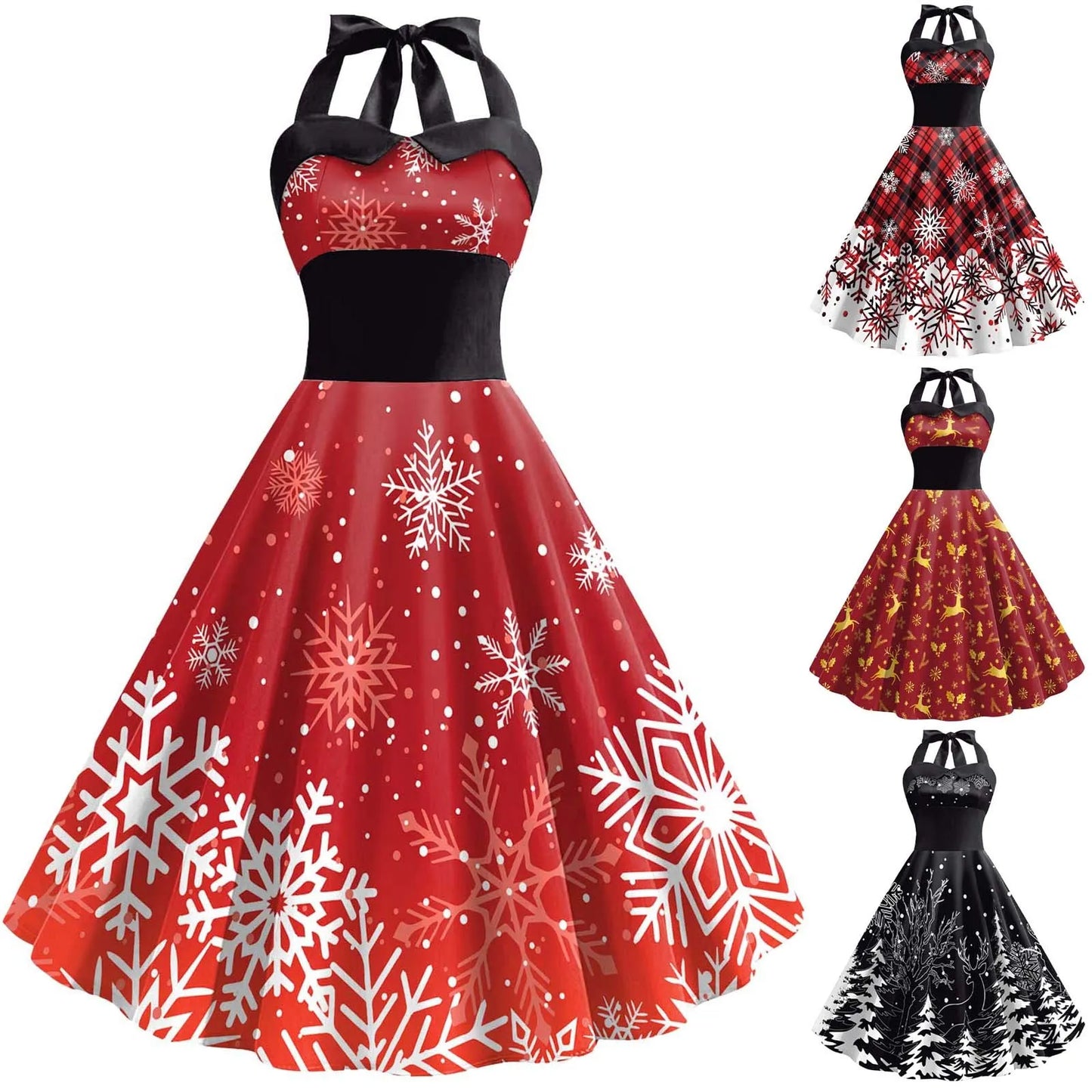 Women Christmas Dress Christmas Snowflake Print New Year Costume Spaghetti Strap High Waist Sleeveless Ladies Maxi Dresses