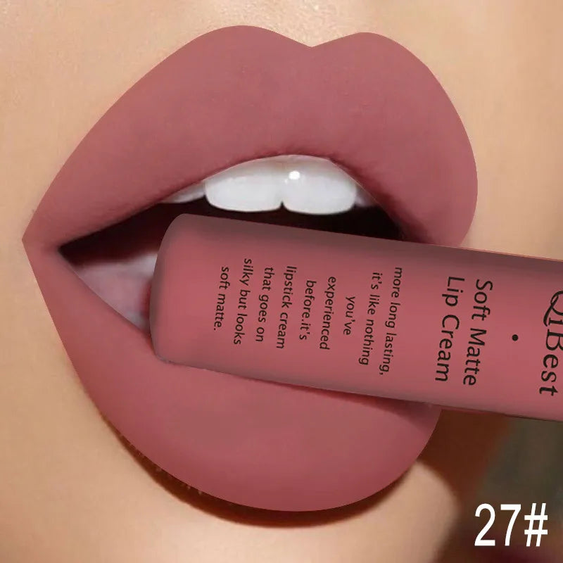 QIBEST Matte Liquid Lipstick Waterproof Lasting Velvet Lip Gloss Tint Tube Nude Pigment Red Black Purple Orange Lipstick Makeup