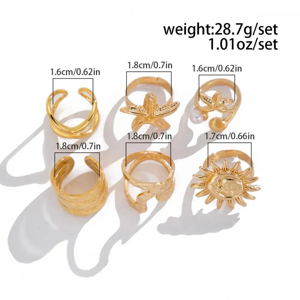 6Pcs/Set Vintage Sun Starfish Open Rings for Women Men Punk Irregular Pleated Pearl Ring Summer Holiday Personalized Jewelry