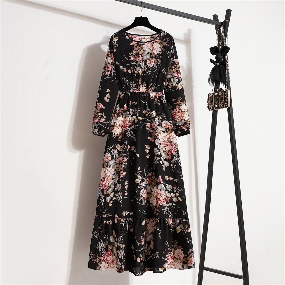 Spring Summer Women Maxi Dresses Casual Full Sleeve Floral Printed O-neck