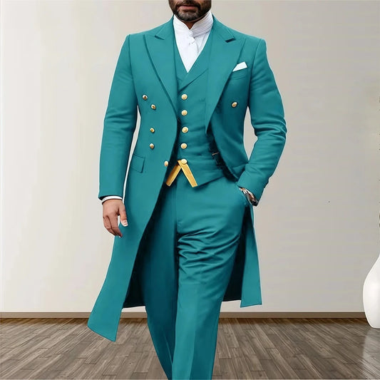 Blue Wedding Men Suits 3 Piece Long Blazer Vest Pants Satin One Button Tuxedo Formal Work Wear Prom XS-5XL