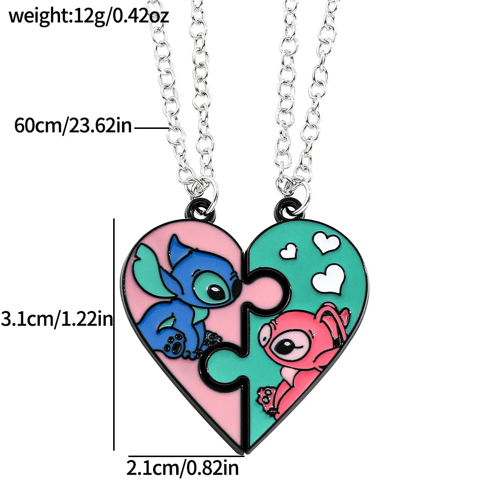 1pair Fashion Creative Disney Cartoon Stitch and Angie Heart Pendant Necklace for Women Jewellery