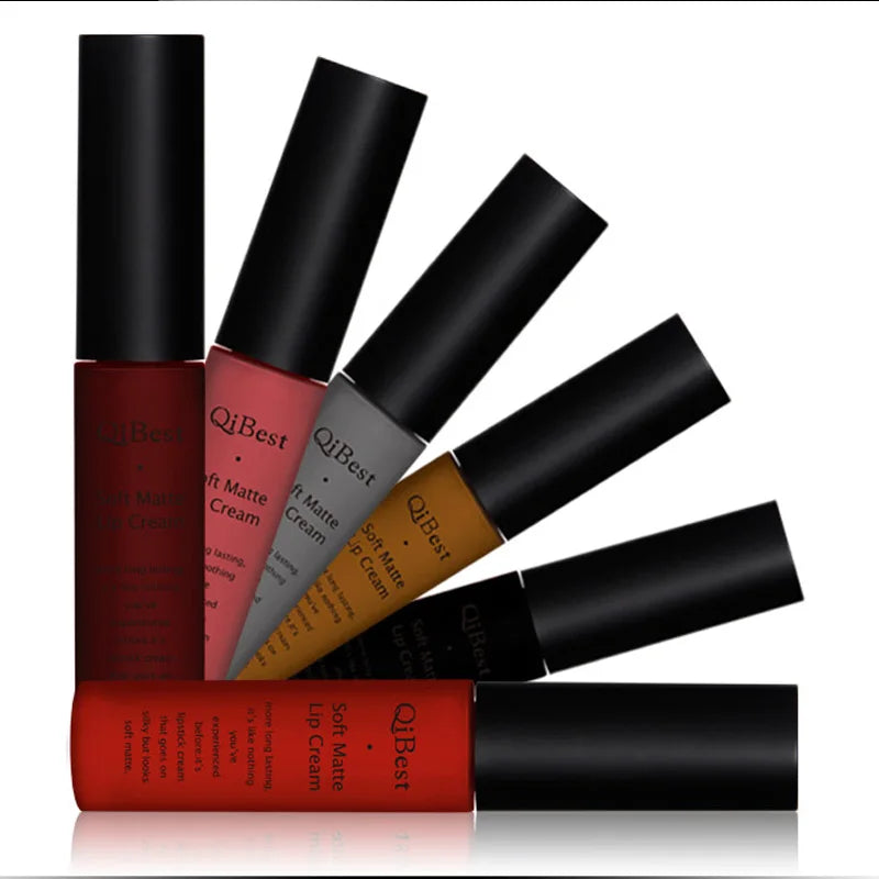 QIBEST Matte Liquid Lipstick Waterproof Lasting Velvet Lip Gloss Tint Tube Nude Pigment Red Black Purple Orange Lipstick Makeup