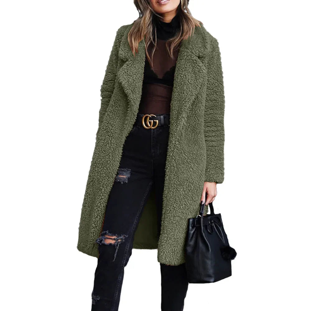 Popular autumn and winter long sleeved lapel women's plush top long jacket women's autumn and winter medium long plush jacket