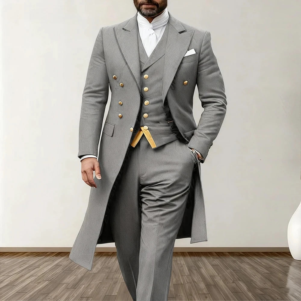 Blue Wedding Men Suits 3 Piece Long Blazer Vest Pants Satin One Button Tuxedo Formal Work Wear Prom XS-5XL
