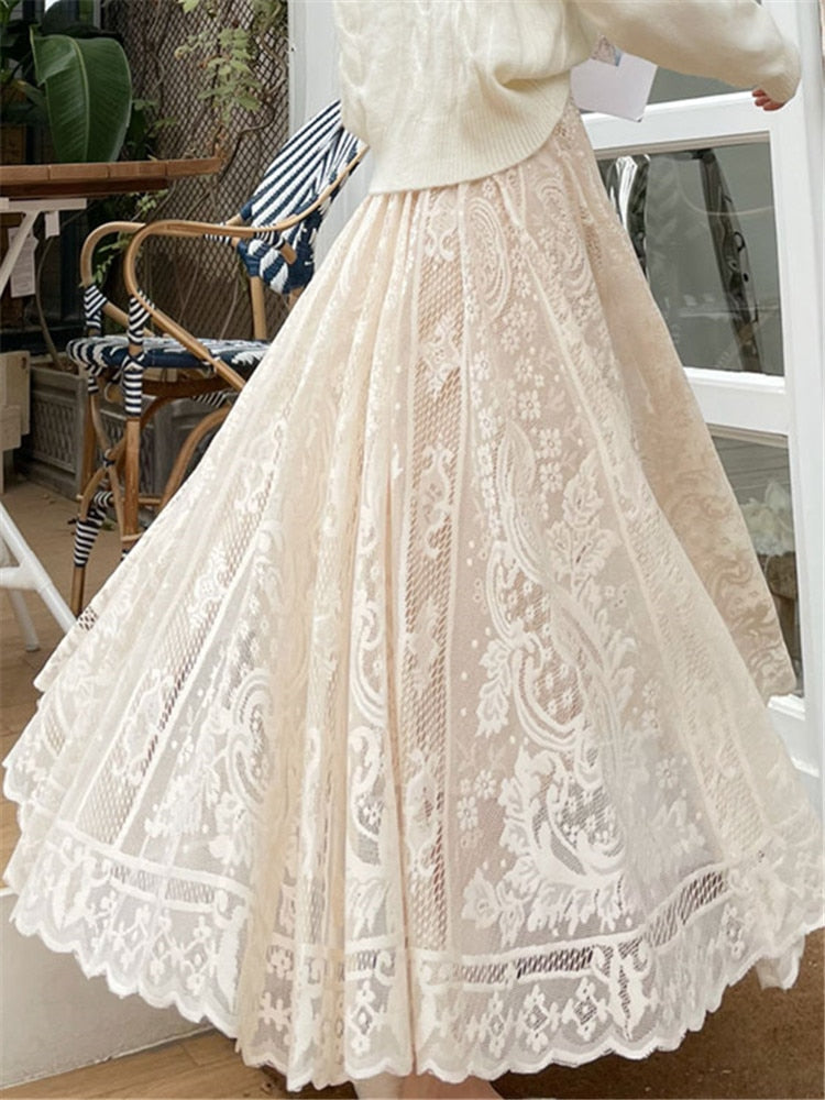 Women's Lace Crochet Umbrella Long Skirts Bohemian High Waist Hollow Out Female Maxi Skirts Spring Summer