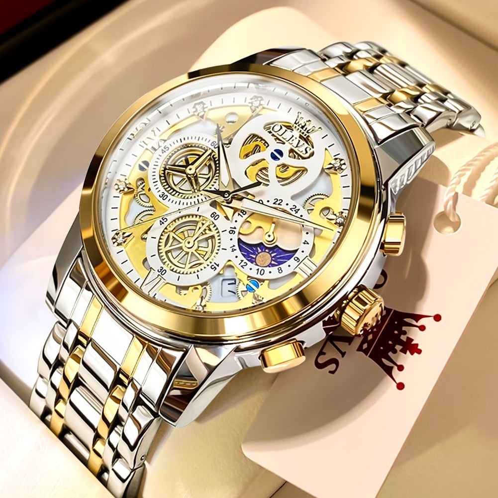 Top Brand Luxury Original Waterproof Quartz Watch for Man Gold Skeleton Style