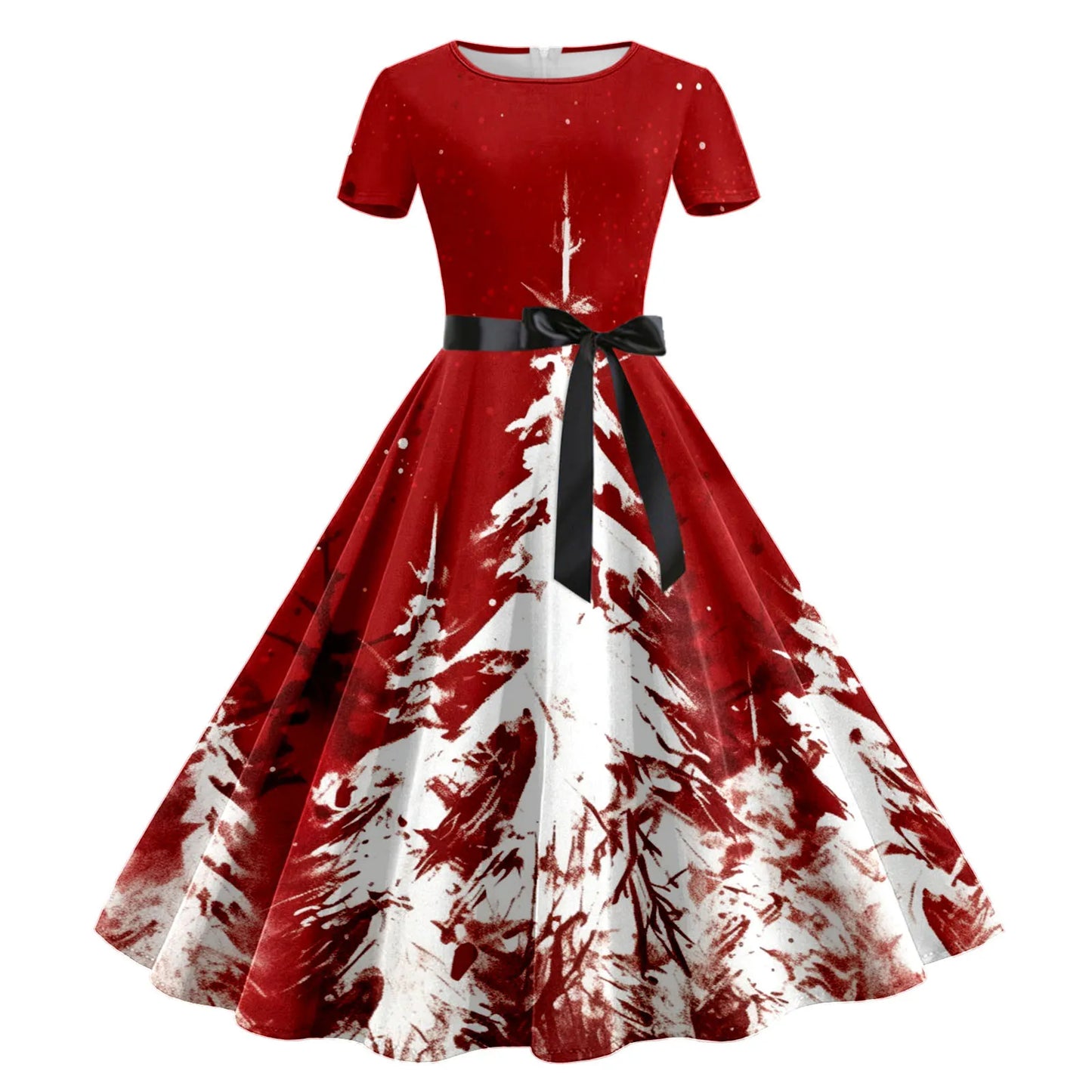 Women's Christmas Print Dresses Autumn Short Sleeve High Waist Lace Up Ruffles Dress Female Christmas Party Dress Vestidos