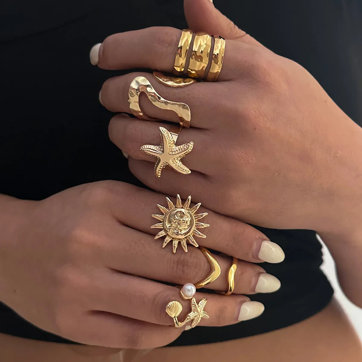 6Pcs/Set Vintage Sun Starfish Open Rings for Women Men Punk Irregular Pleated Pearl Ring Summer Holiday Personalized Jewelry