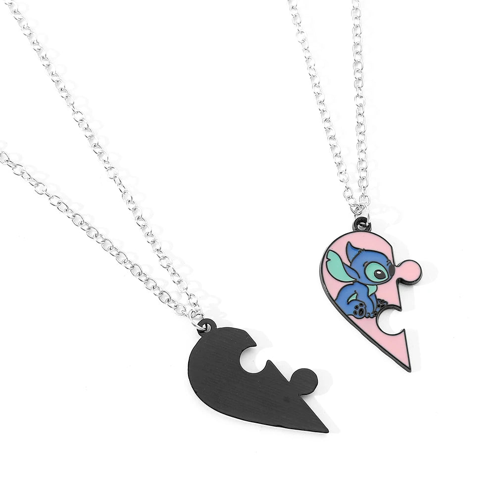 1pair Fashion Creative Disney Cartoon Stitch and Angie Heart Pendant Necklace for Women Jewellery