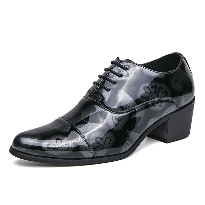 New Dress Leather Shoes Men High Heel Pointed Toe Brogue Wedding Shoes Height Increase Formal Career Work Jazz Dance Shoes