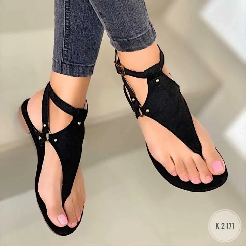 Summer Casual Large Size Flat Bottom Sandals Women's Beach Shoes Buckle Slip-On Roman Style Thong Shoes Metal Decorated