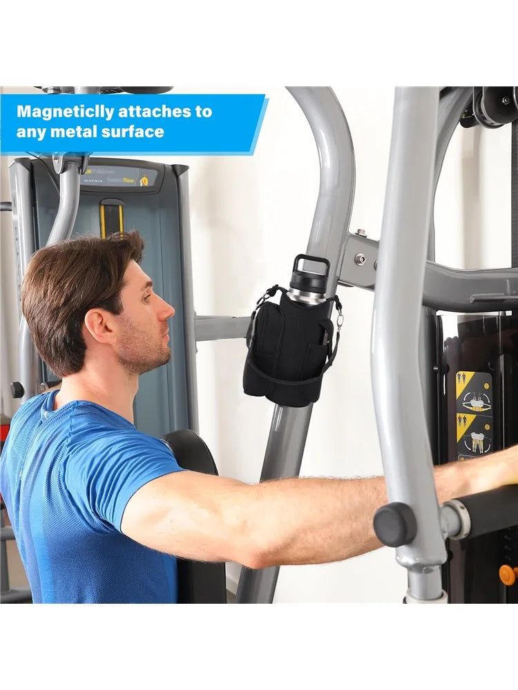 Magnetic Gym Bag Water Bottle Carrier Holder with Phone Pockets & Shoulder Strap,5 Built-in Magnets Gym Bottle Pouch Sleeve