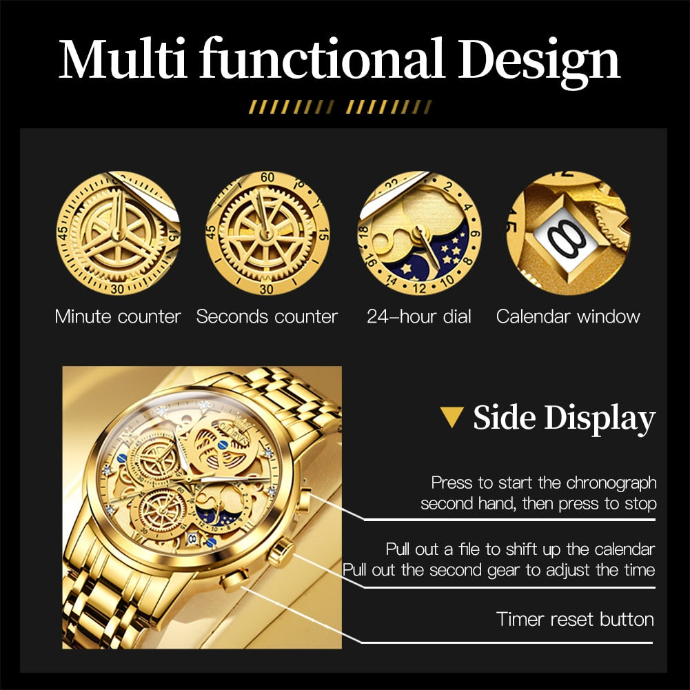 Top Brand Luxury Original Waterproof Quartz Watch for Man Gold Skeleton Style